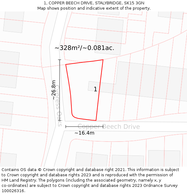 1, COPPER BEECH DRIVE, STALYBRIDGE, SK15 3GN: Plot and title map