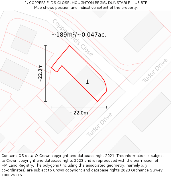 1, COPPERFIELDS CLOSE, HOUGHTON REGIS, DUNSTABLE, LU5 5TE: Plot and title map