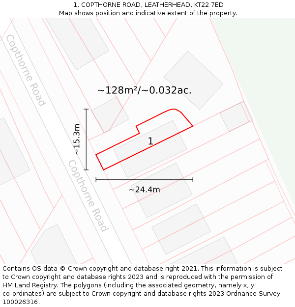 1, COPTHORNE ROAD, LEATHERHEAD, KT22 7ED: Plot and title map