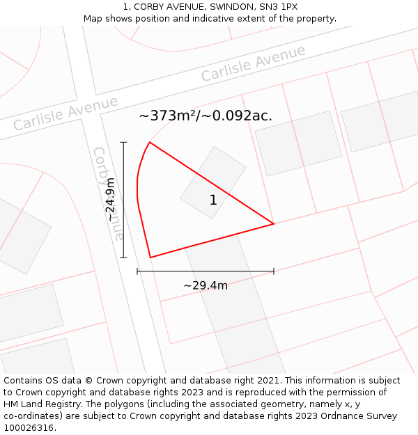 1, CORBY AVENUE, SWINDON, SN3 1PX: Plot and title map