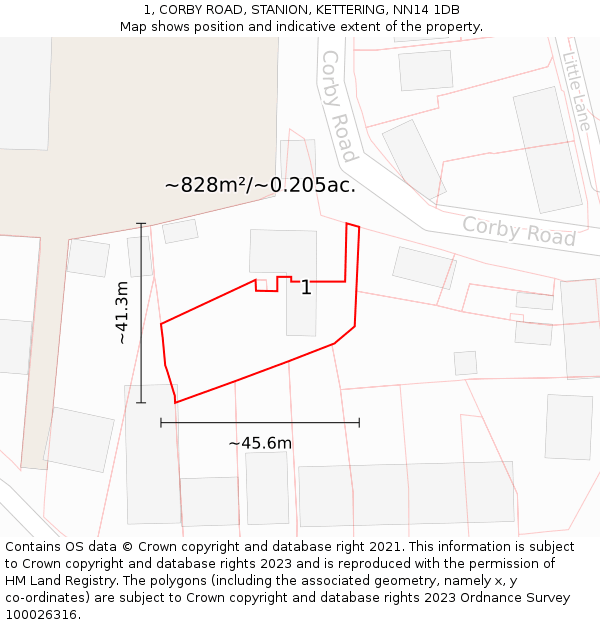1, CORBY ROAD, STANION, KETTERING, NN14 1DB: Plot and title map