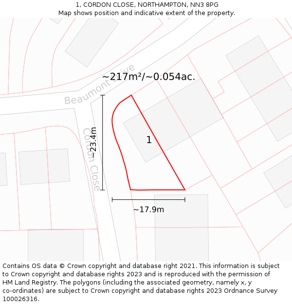 1, CORDON CLOSE, NORTHAMPTON, NN3 8PG: Plot and title map