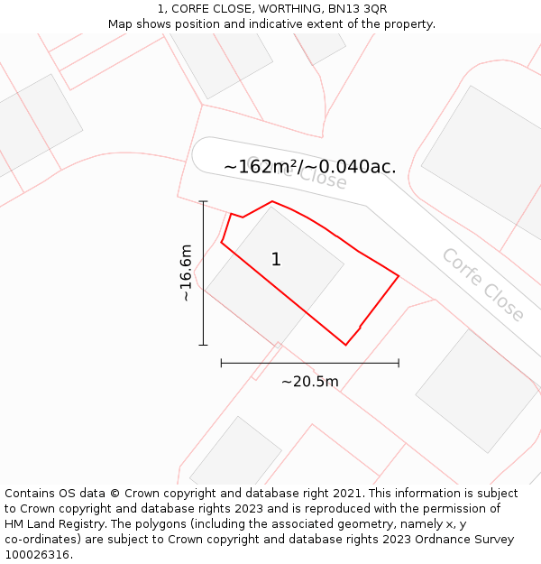1, CORFE CLOSE, WORTHING, BN13 3QR: Plot and title map