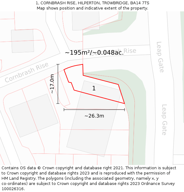 1, CORNBRASH RISE, HILPERTON, TROWBRIDGE, BA14 7TS: Plot and title map