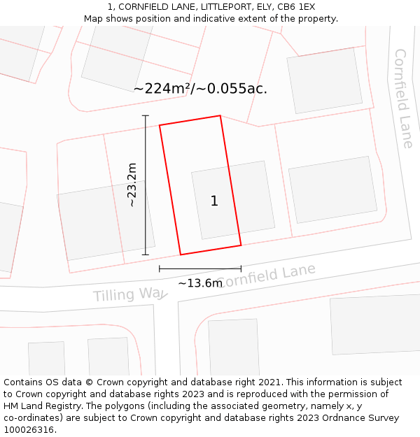 1, CORNFIELD LANE, LITTLEPORT, ELY, CB6 1EX: Plot and title map