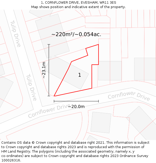 1, CORNFLOWER DRIVE, EVESHAM, WR11 3ES: Plot and title map