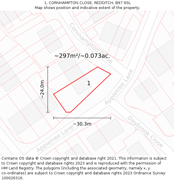 1, CORNHAMPTON CLOSE, REDDITCH, B97 6SL: Plot and title map
