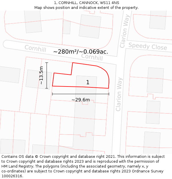 1, CORNHILL, CANNOCK, WS11 4NS: Plot and title map