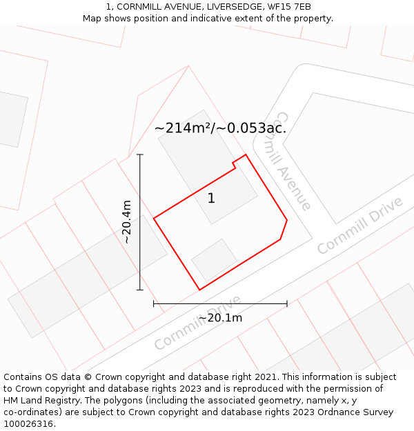 1, CORNMILL AVENUE, LIVERSEDGE, WF15 7EB: Plot and title map