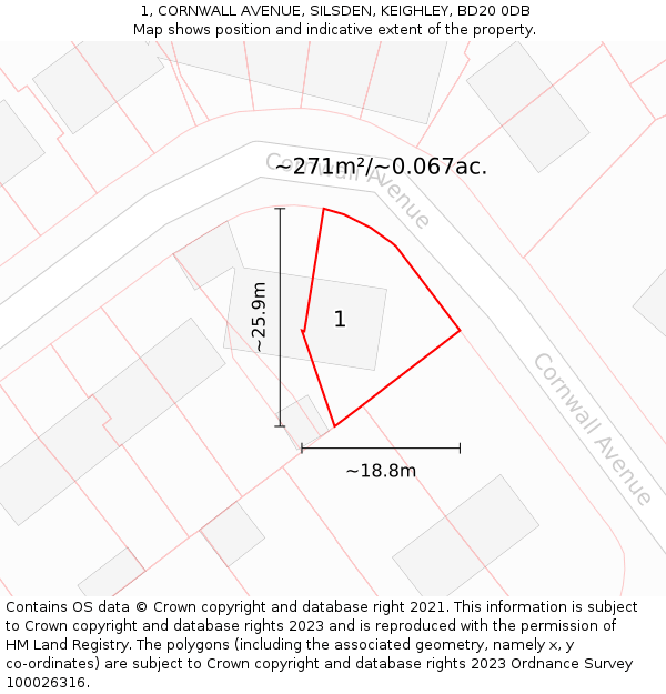 1, CORNWALL AVENUE, SILSDEN, KEIGHLEY, BD20 0DB: Plot and title map