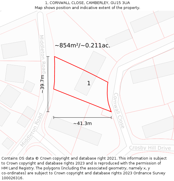 1, CORNWALL CLOSE, CAMBERLEY, GU15 3UA: Plot and title map