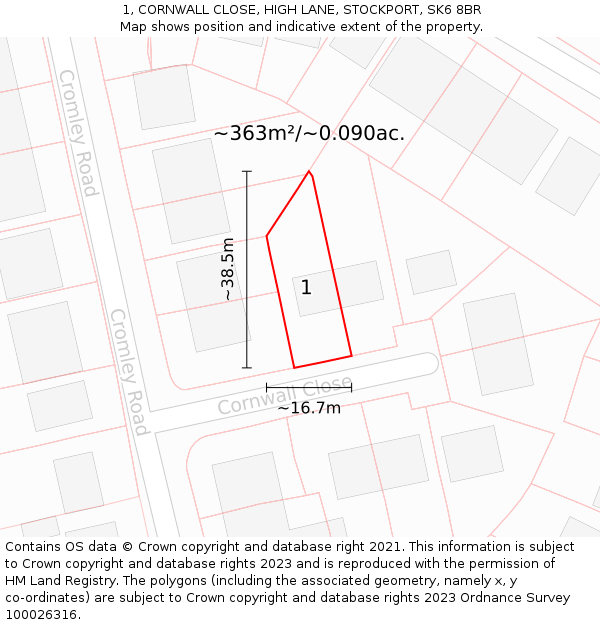 1, CORNWALL CLOSE, HIGH LANE, STOCKPORT, SK6 8BR: Plot and title map