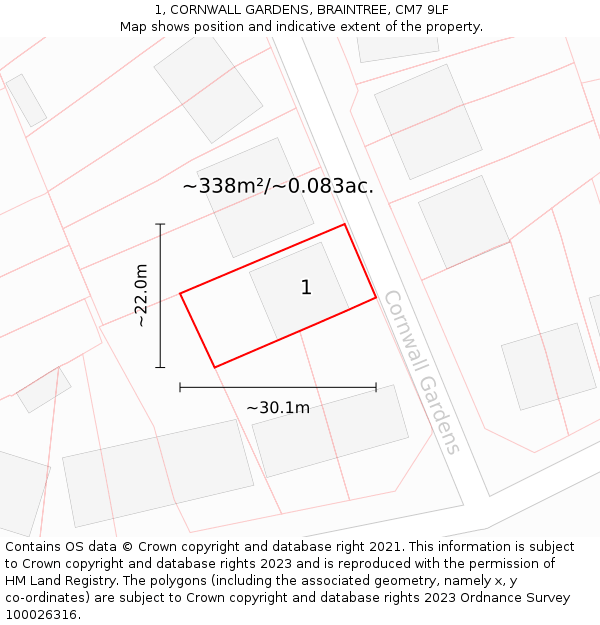 1, CORNWALL GARDENS, BRAINTREE, CM7 9LF: Plot and title map