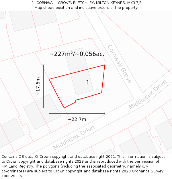 1, CORNWALL GROVE, BLETCHLEY, MILTON KEYNES, MK3 7JF: Plot and title map