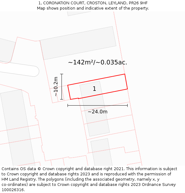 1, CORONATION COURT, CROSTON, LEYLAND, PR26 9HF: Plot and title map