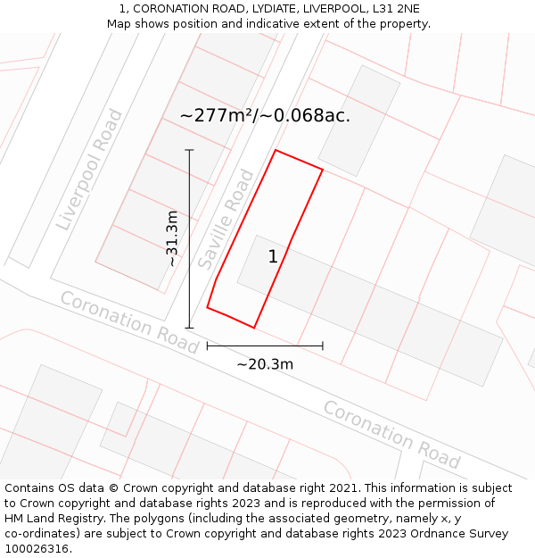 1, CORONATION ROAD, LYDIATE, LIVERPOOL, L31 2NE: Plot and title map