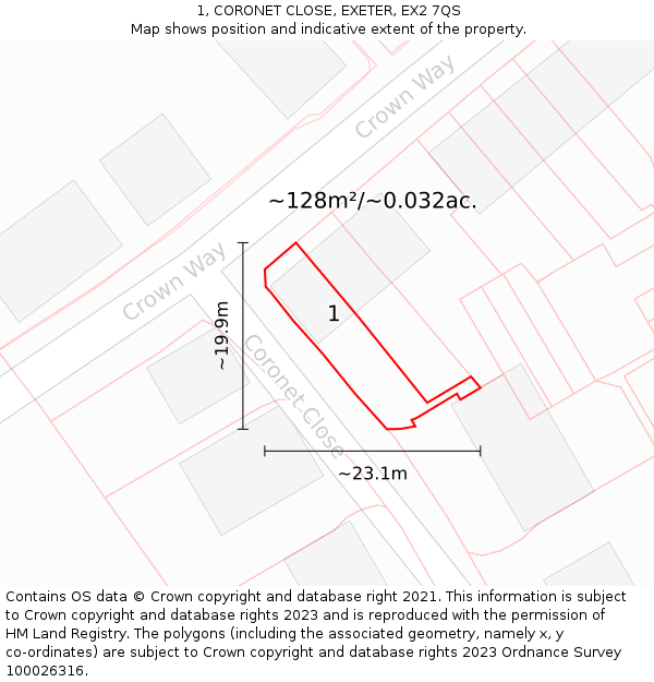 1, CORONET CLOSE, EXETER, EX2 7QS: Plot and title map