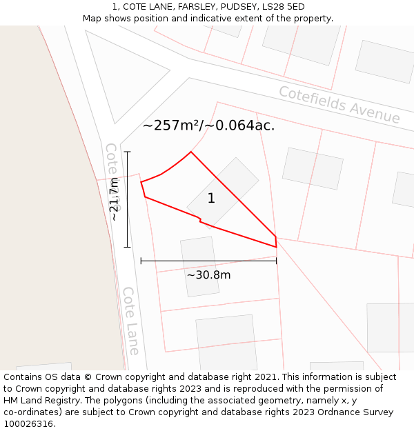 1, COTE LANE, FARSLEY, PUDSEY, LS28 5ED: Plot and title map