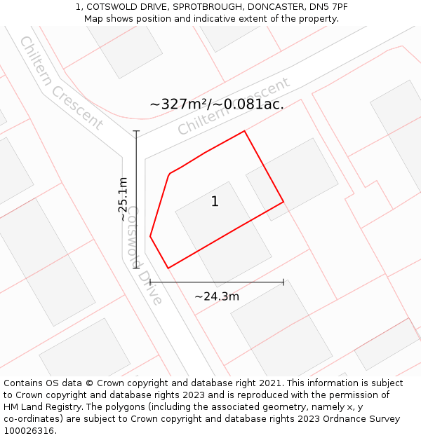 1, COTSWOLD DRIVE, SPROTBROUGH, DONCASTER, DN5 7PF: Plot and title map