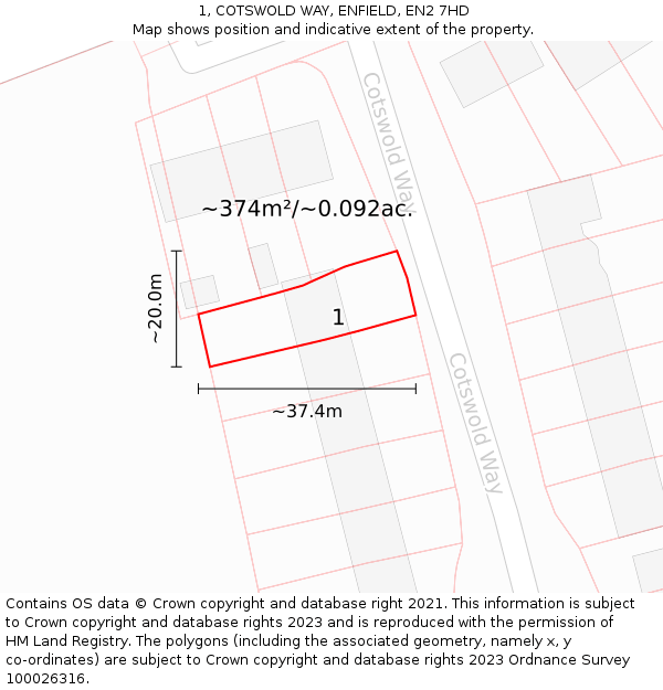 1, COTSWOLD WAY, ENFIELD, EN2 7HD: Plot and title map