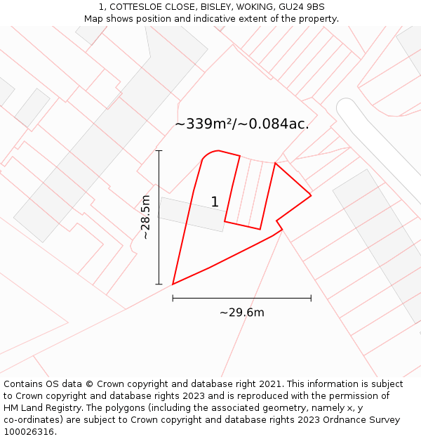 1, COTTESLOE CLOSE, BISLEY, WOKING, GU24 9BS: Plot and title map