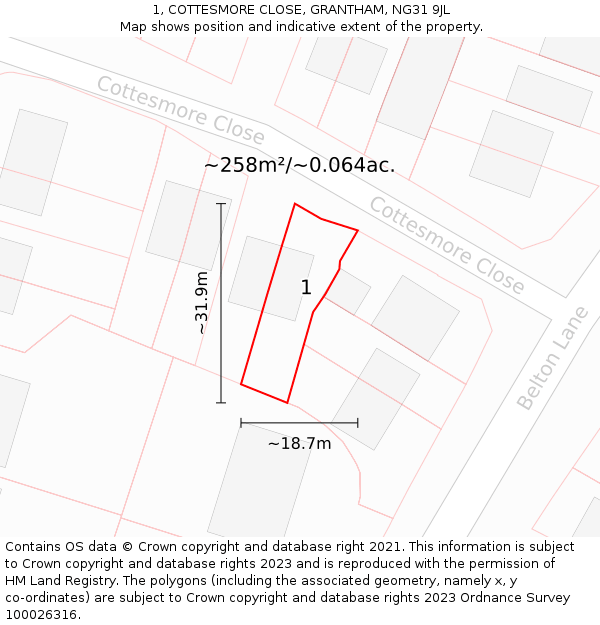 1, COTTESMORE CLOSE, GRANTHAM, NG31 9JL: Plot and title map