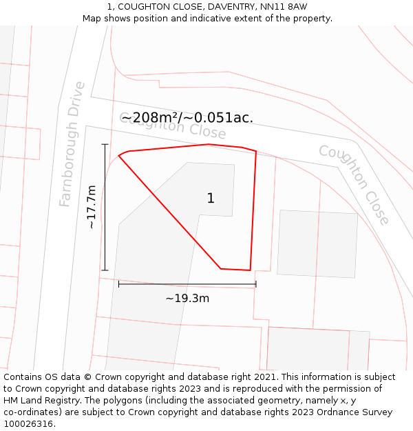 1, COUGHTON CLOSE, DAVENTRY, NN11 8AW: Plot and title map