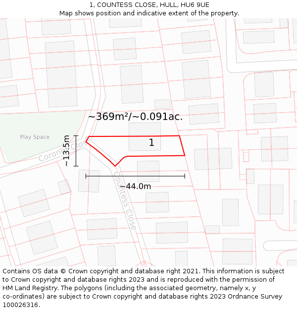 1, COUNTESS CLOSE, HULL, HU6 9UE: Plot and title map