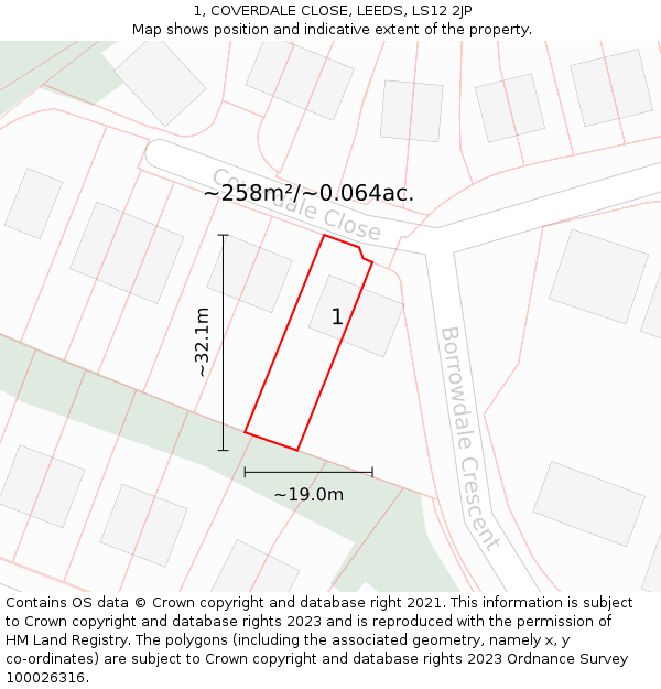 1, COVERDALE CLOSE, LEEDS, LS12 2JP: Plot and title map