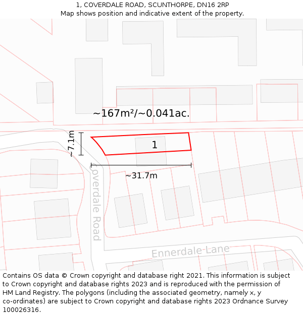 1, COVERDALE ROAD, SCUNTHORPE, DN16 2RP: Plot and title map