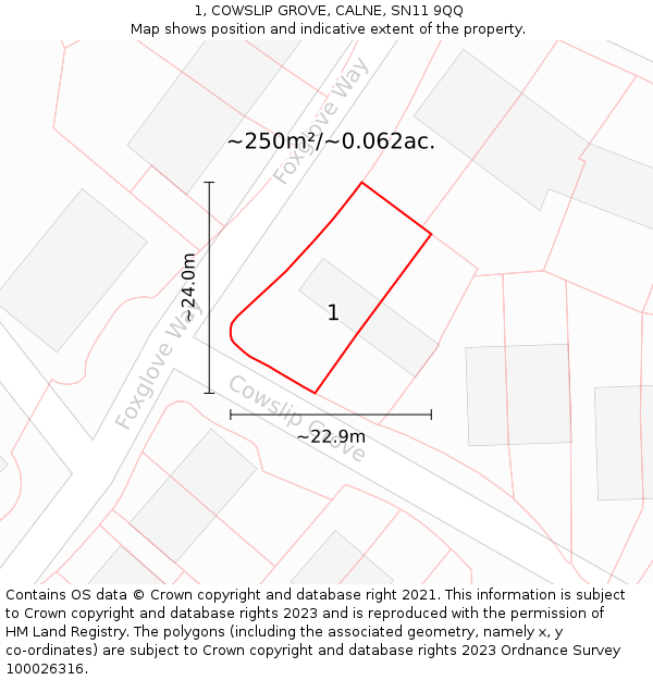 1, COWSLIP GROVE, CALNE, SN11 9QQ: Plot and title map