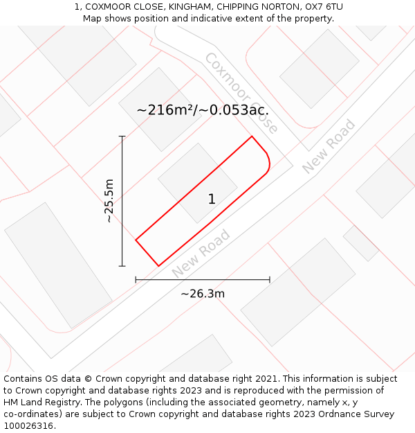 1, COXMOOR CLOSE, KINGHAM, CHIPPING NORTON, OX7 6TU: Plot and title map