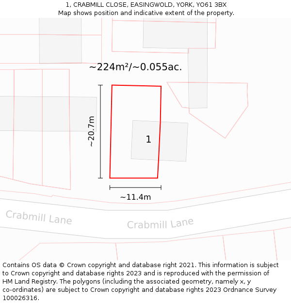 1, CRABMILL CLOSE, EASINGWOLD, YORK, YO61 3BX: Plot and title map
