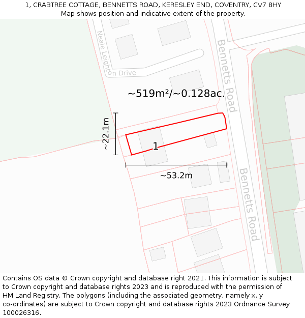 1, CRABTREE COTTAGE, BENNETTS ROAD, KERESLEY END, COVENTRY, CV7 8HY: Plot and title map