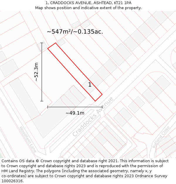 1, CRADDOCKS AVENUE, ASHTEAD, KT21 1PA: Plot and title map