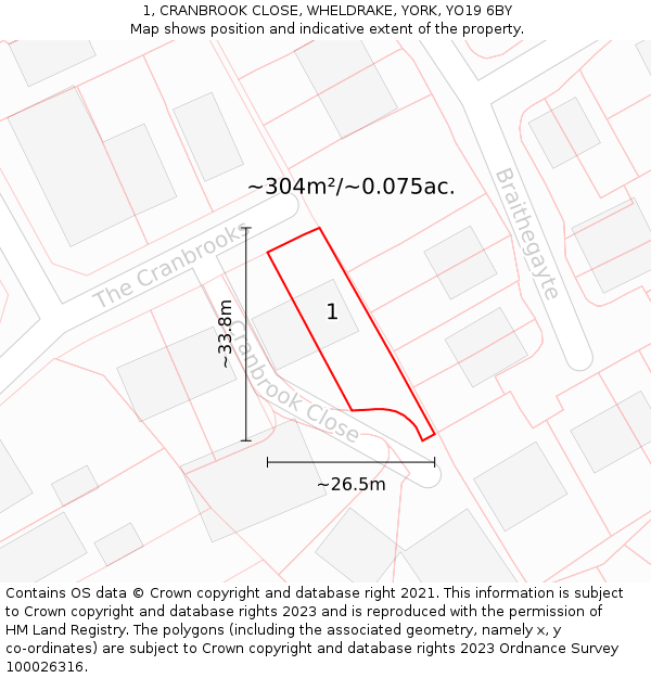 1, CRANBROOK CLOSE, WHELDRAKE, YORK, YO19 6BY: Plot and title map