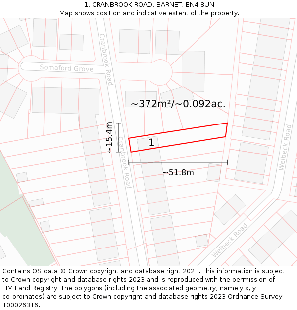 1, CRANBROOK ROAD, BARNET, EN4 8UN: Plot and title map