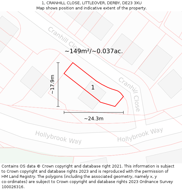 1, CRANHILL CLOSE, LITTLEOVER, DERBY, DE23 3XU: Plot and title map