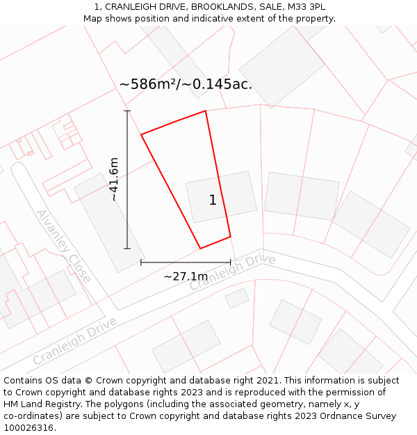 1, CRANLEIGH DRIVE, BROOKLANDS, SALE, M33 3PL: Plot and title map