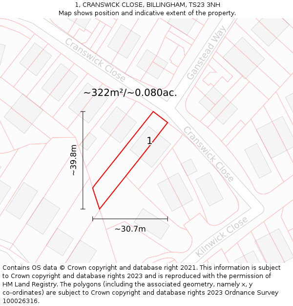 1, CRANSWICK CLOSE, BILLINGHAM, TS23 3NH: Plot and title map