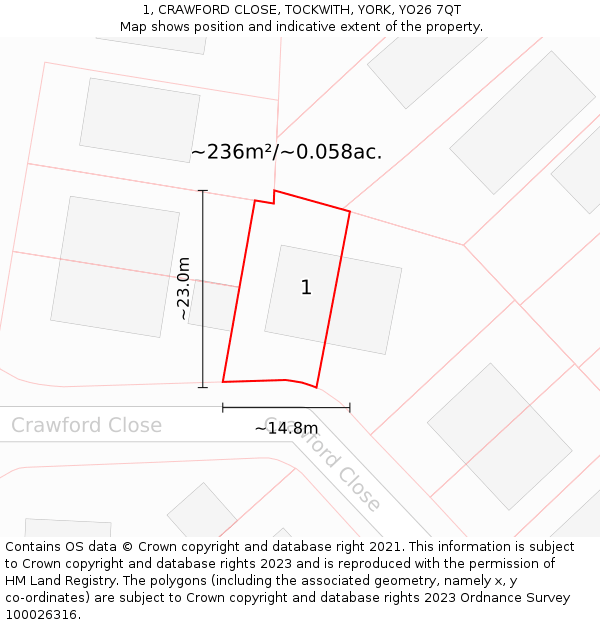 1, CRAWFORD CLOSE, TOCKWITH, YORK, YO26 7QT: Plot and title map
