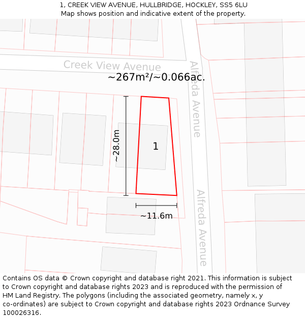 1, CREEK VIEW AVENUE, HULLBRIDGE, HOCKLEY, SS5 6LU: Plot and title map