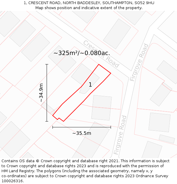 1, CRESCENT ROAD, NORTH BADDESLEY, SOUTHAMPTON, SO52 9HU: Plot and title map