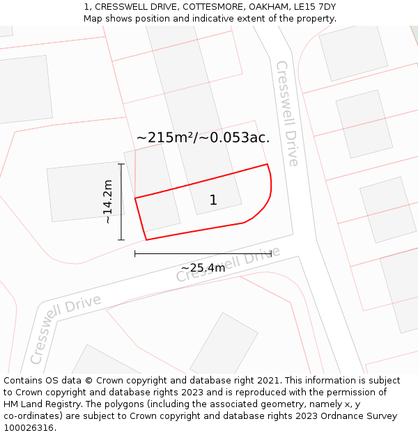 1, CRESSWELL DRIVE, COTTESMORE, OAKHAM, LE15 7DY: Plot and title map