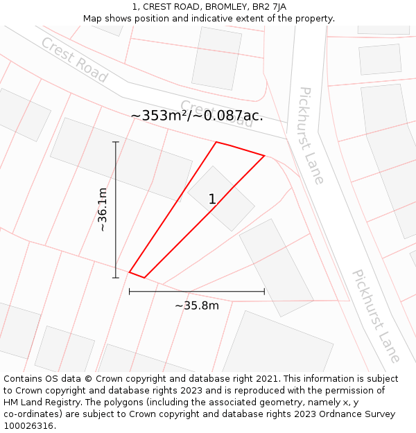 1, CREST ROAD, BROMLEY, BR2 7JA: Plot and title map
