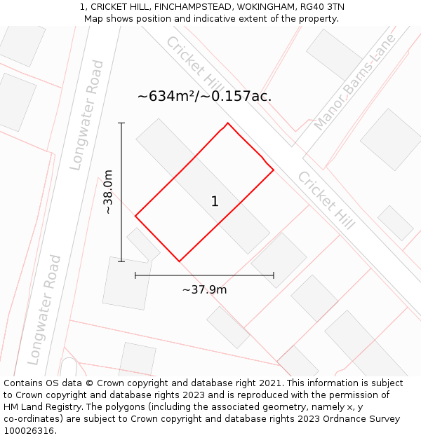 1, CRICKET HILL, FINCHAMPSTEAD, WOKINGHAM, RG40 3TN: Plot and title map