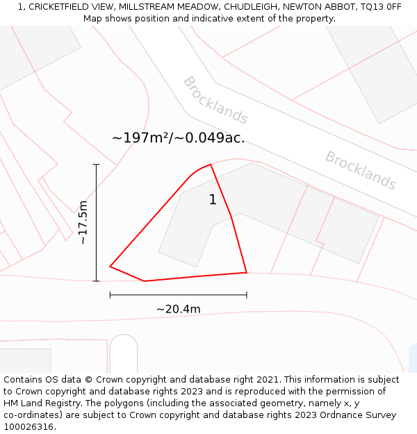 1, CRICKETFIELD VIEW, MILLSTREAM MEADOW, CHUDLEIGH, NEWTON ABBOT, TQ13 0FF: Plot and title map