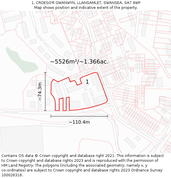 1, CROESO'R GWANWYN, LLANSAMLET, SWANSEA, SA7 9WP: Plot and title map