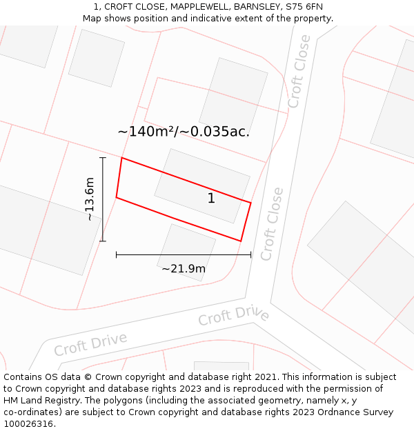 1, CROFT CLOSE, MAPPLEWELL, BARNSLEY, S75 6FN: Plot and title map