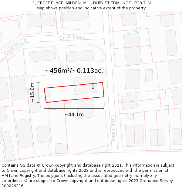 1, CROFT PLACE, MILDENHALL, BURY ST EDMUNDS, IP28 7LN: Plot and title map
